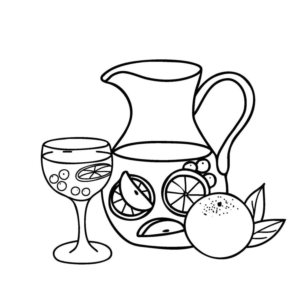 Sangria Composition. Cocktail Glass and Jug or Pitcher with Orange. Summer refreshment beverage with various Fruits and berries. Hand drawn illustration of Spanish drink in Doodle style vector