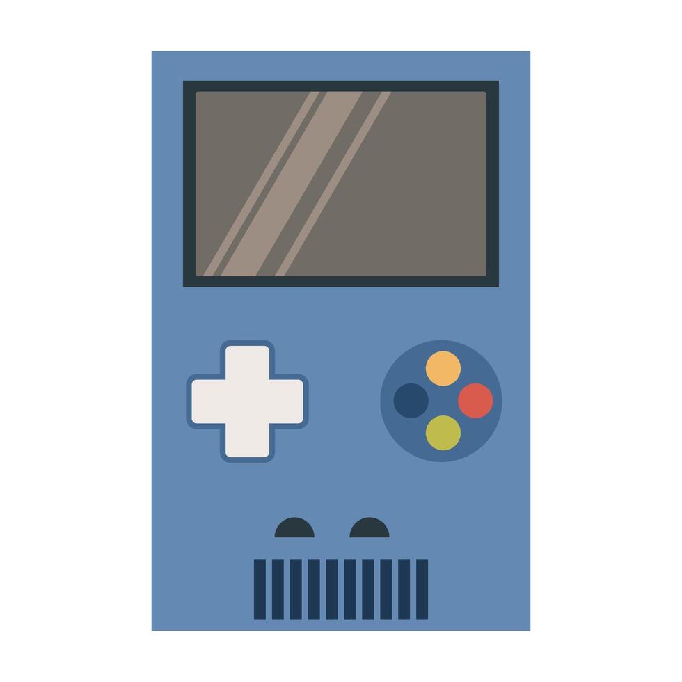 Flat illustrations of colorful handheld consoles, retro gaming devices, and arcade machines. vector