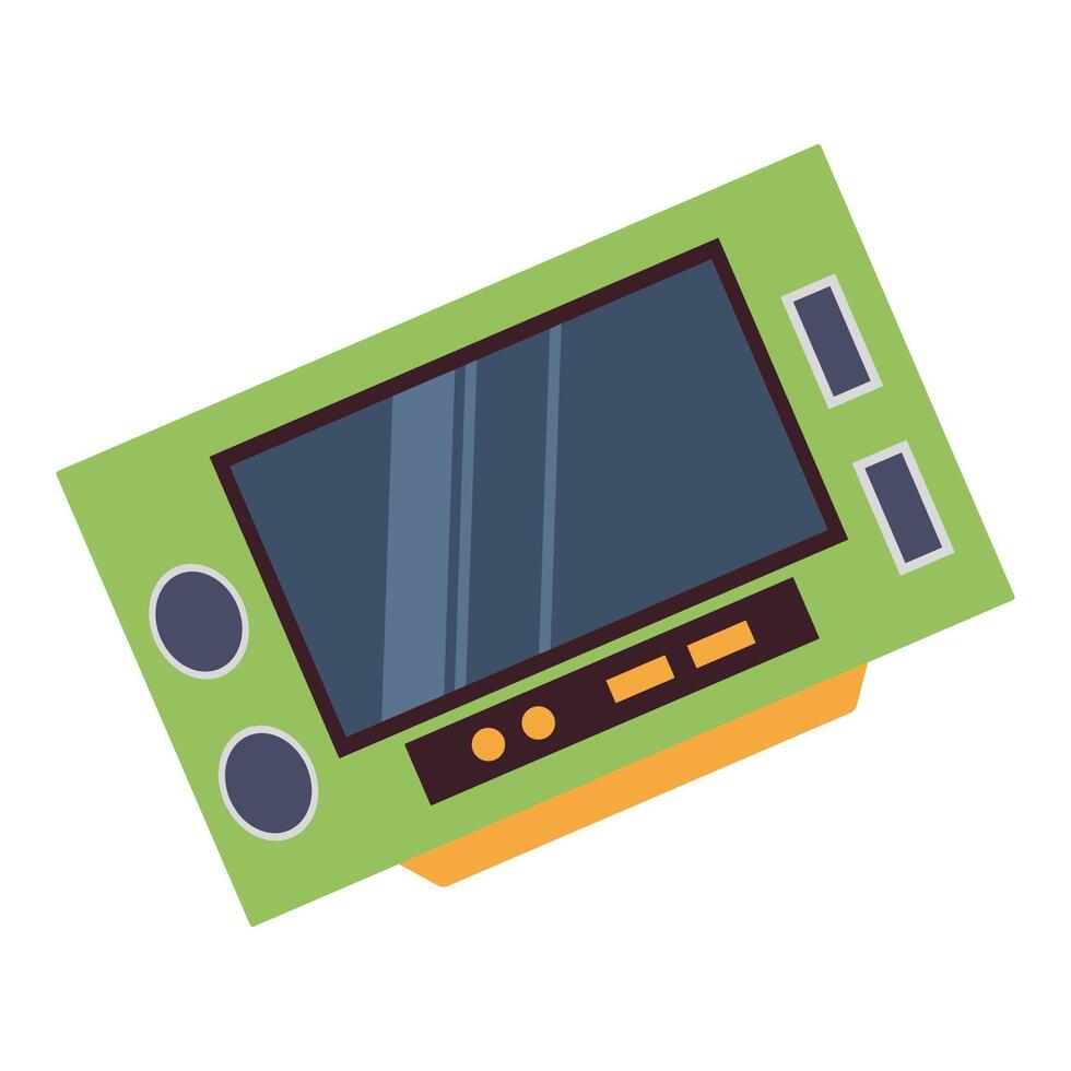 Flat illustrations of colorful handheld consoles, retro gaming devices, and arcade machine vector