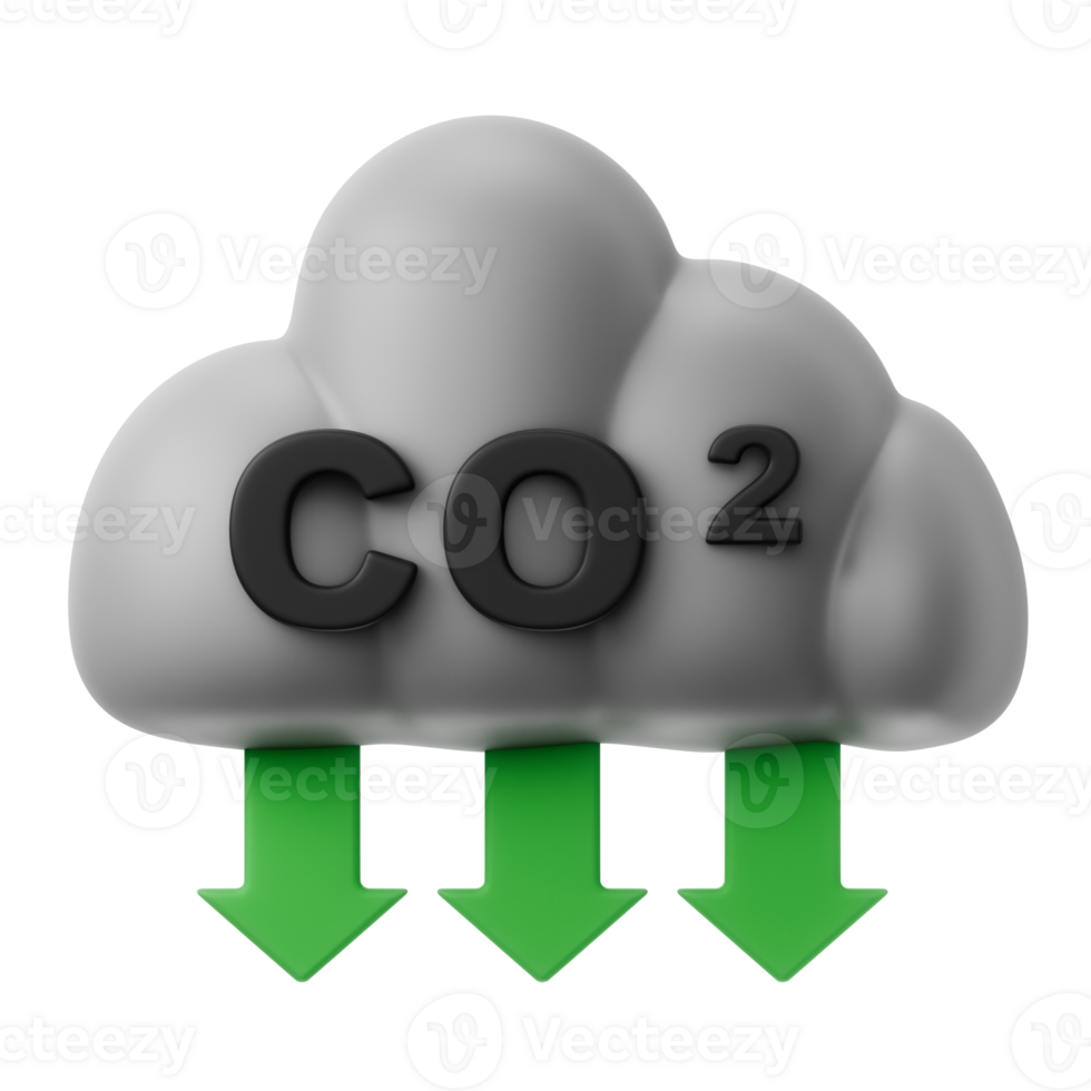 carbon dioxide emission reduction with co2 label and green arrow 3d render icon illustration png