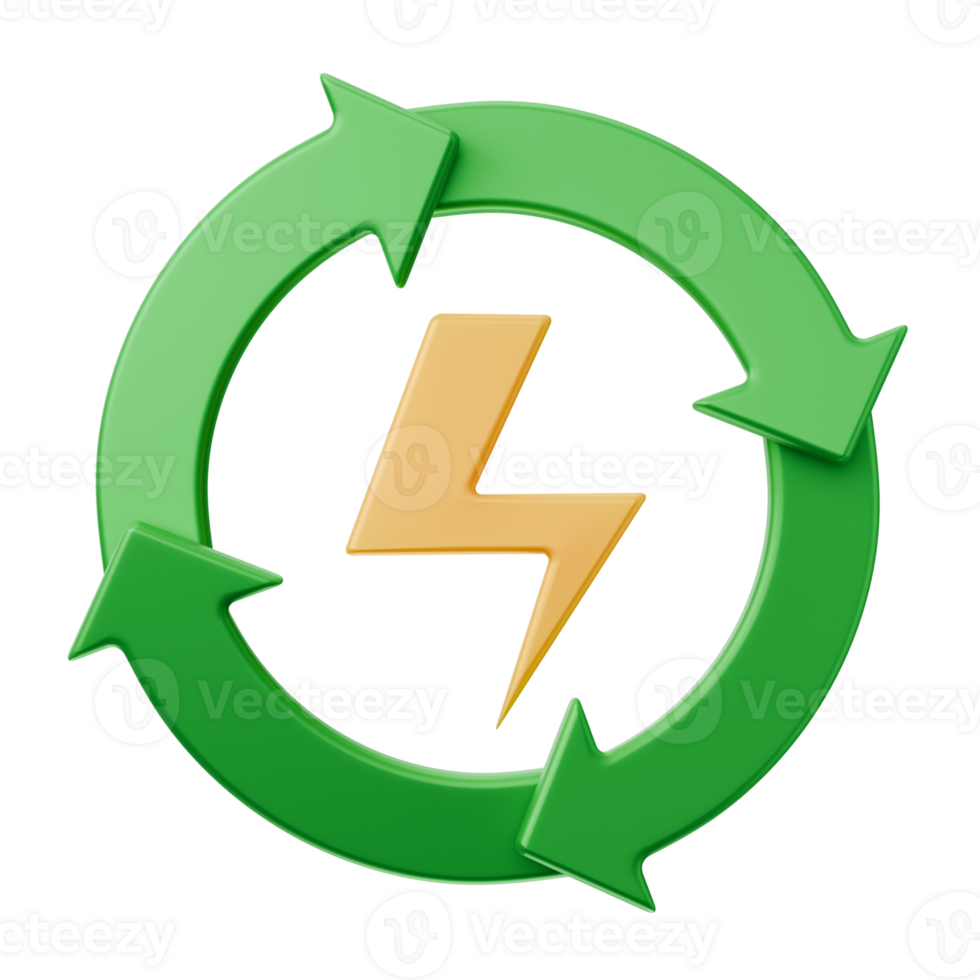 renewable energy with green arrow in round cycle and lightning symbol 3d render icon illustration png