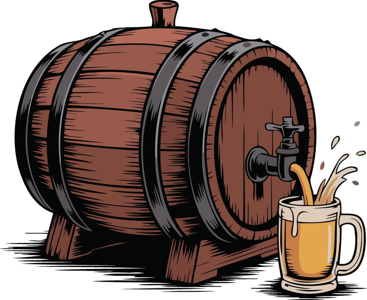 Wooden barrel pouring beer into a mug isolated on white background, featuring a classic design with brown and gold tones, perfect for a pub or bar theme vector
