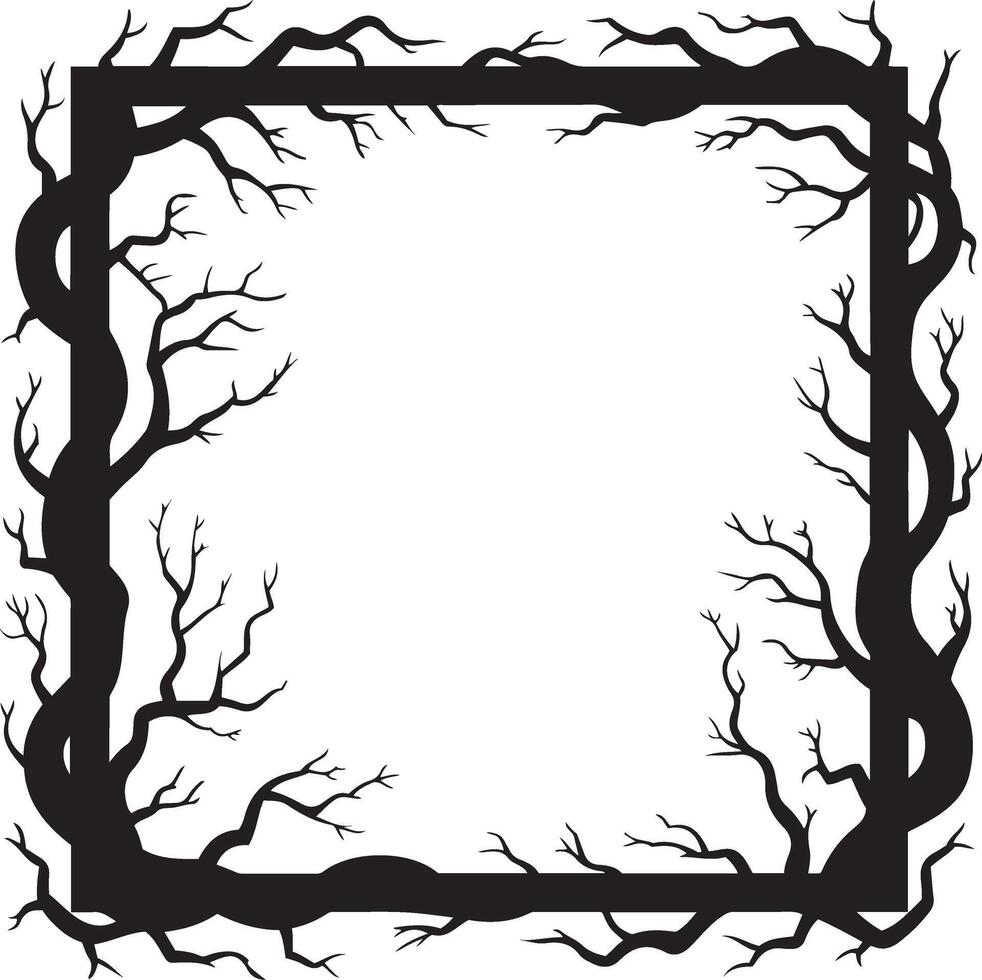 Square frame of bare tree branches silhouette, Halloween border silhouette black and white vector