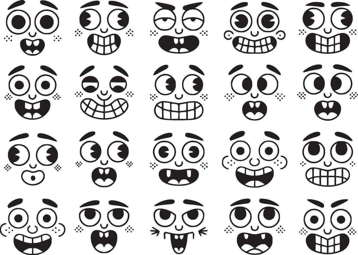 Collection of cartoon faces showing various emotions isolated on white background, featuring happy, funny, and comic expressions in a simple black and white design vector