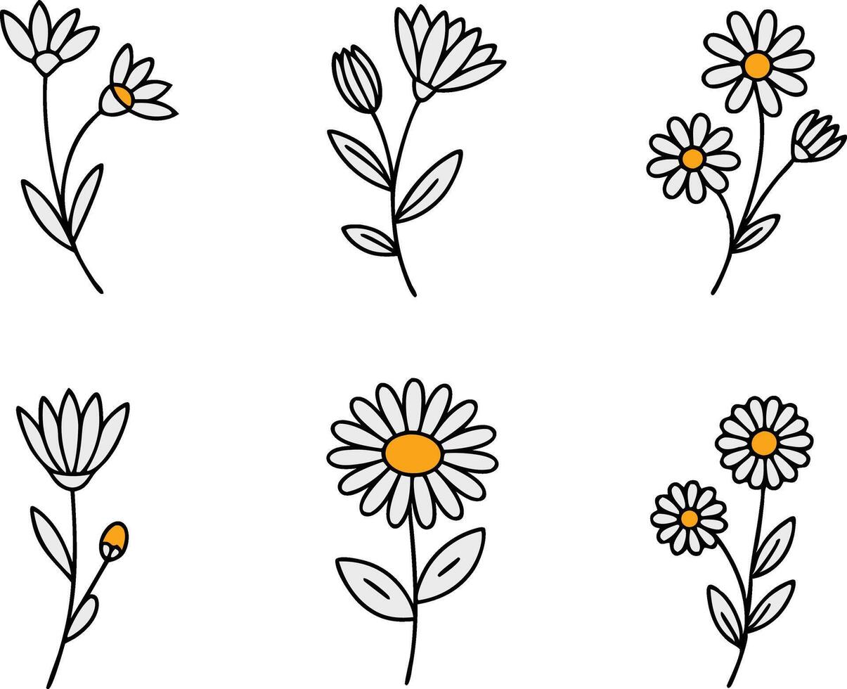 Six Simple Daisy Flower Silhouettes Minimalist Line Art Design vector