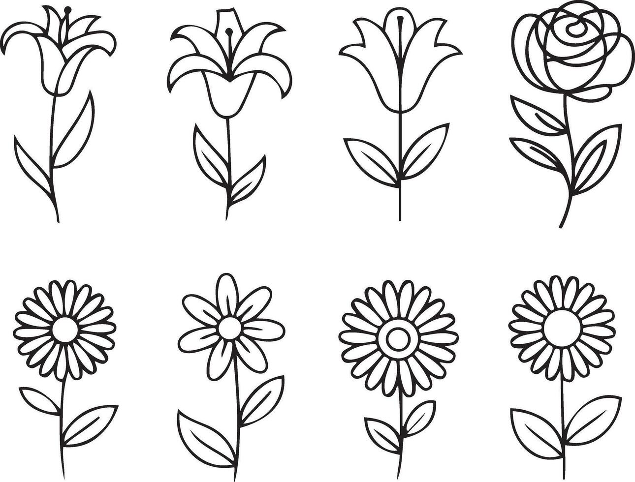 Collection of Eight Simple Flower Silhouettes vector