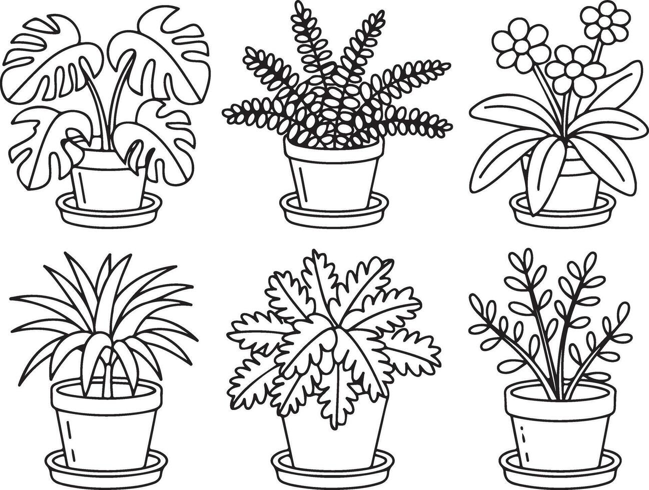 Collection of six potted plants in line art style isolated on white background featuring monstera, fern, and flowering varieties vector