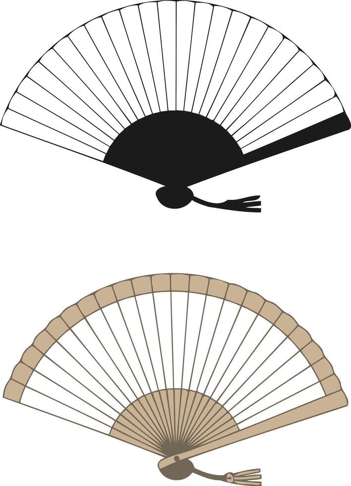Elegant black and beige hand fans with intricate details isolated on white background, perfect for adding a touch of oriental charm to your designs vector