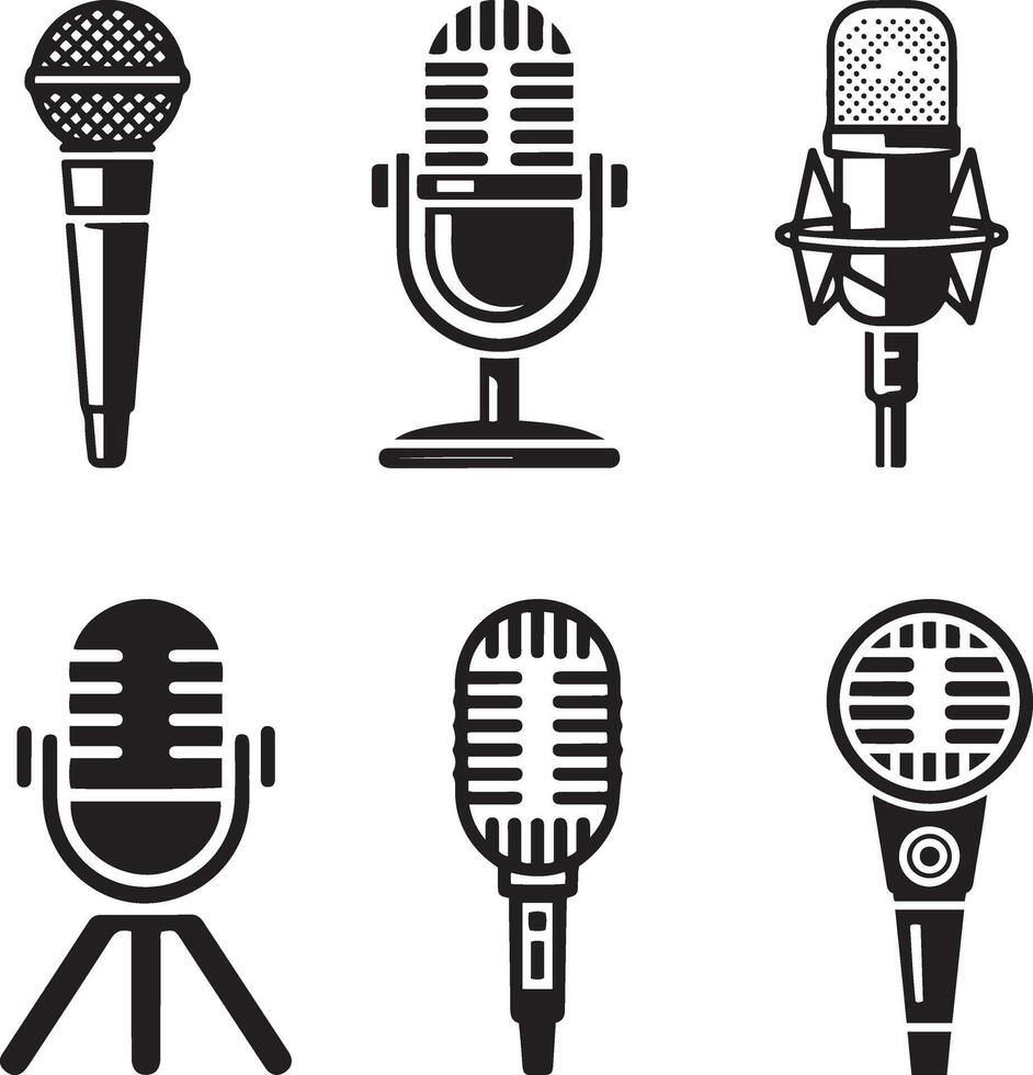 Collection of Six Microphone Silhouettes Diverse Styles for Audio Recording vector