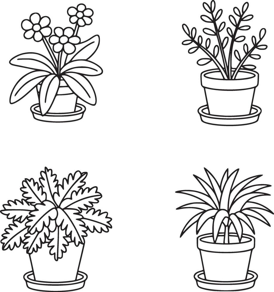 Collection of four different potted plants in black and white line art style isolated on white background, showcasing botanical elements and simple design vector