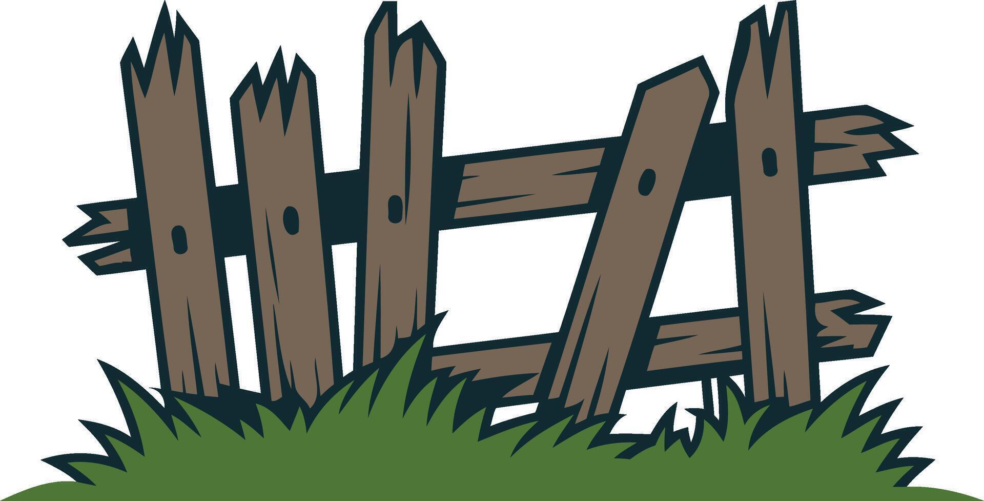Old wooden fence with grass isolated on white background, cartoon style illustration vector