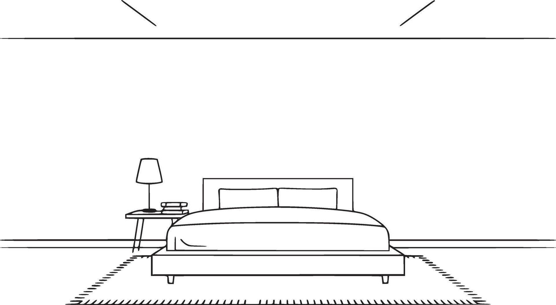 Bedroom interior featuring a bed, nightstand with lamp and books, and a rug, all depicted in a minimalist line drawing isolated on white background vector