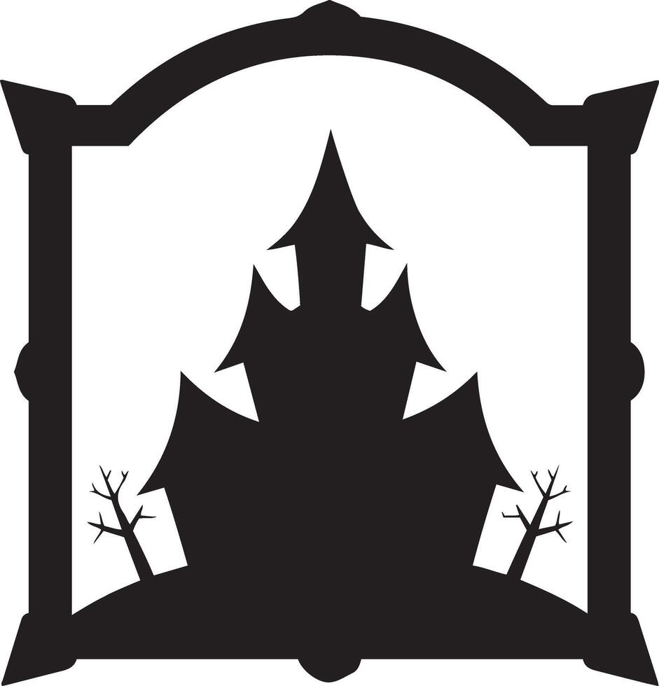Spooky haunted house silhouette arched gothic frame, barren trees, halloween decorations border vector