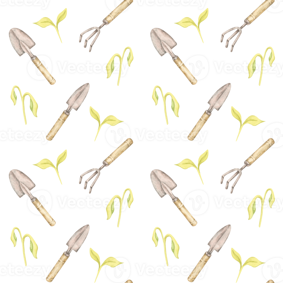 Watercolor gardening fork, trowel, and sprouting leaves seamless pattern. Tools and seedlings textile clipart perfect for planner pages, gardening notebooks, or sustainable fabric prints png