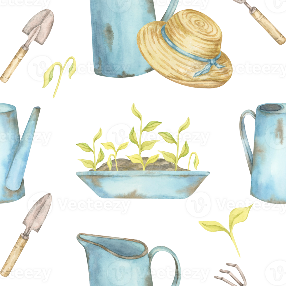 Blue watering cans, straw hat, garden trowel, and sprouting seedlings create a watercolor clipart. Gardening seamless pattern perfect for eco journal covers, printable cards, or craft paper png