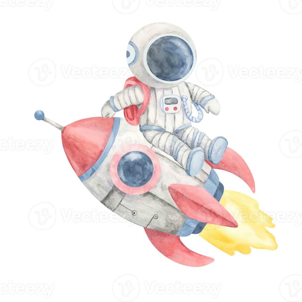 Watercolor illustration of a red and blue rocket with red fins and a seated astronaut in a gray suit with red backpack. Space scene clipart. Perfect for sticker sets, science fair posters and wall art png