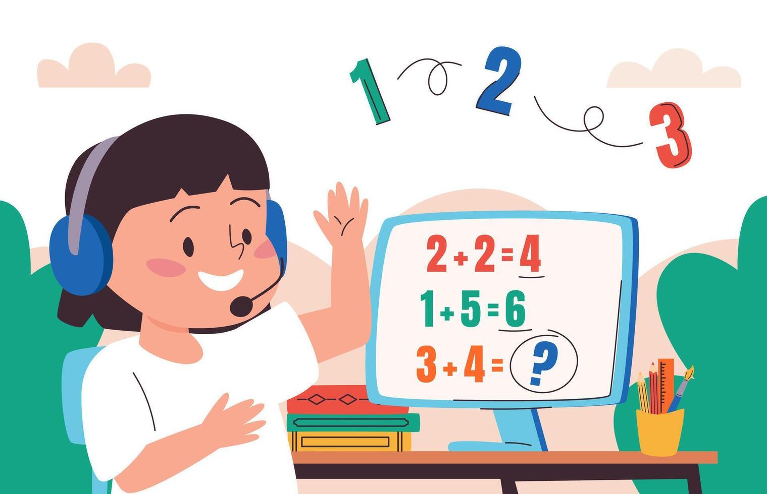 Back to School Scene Online Math Lesson for Kids. vector
