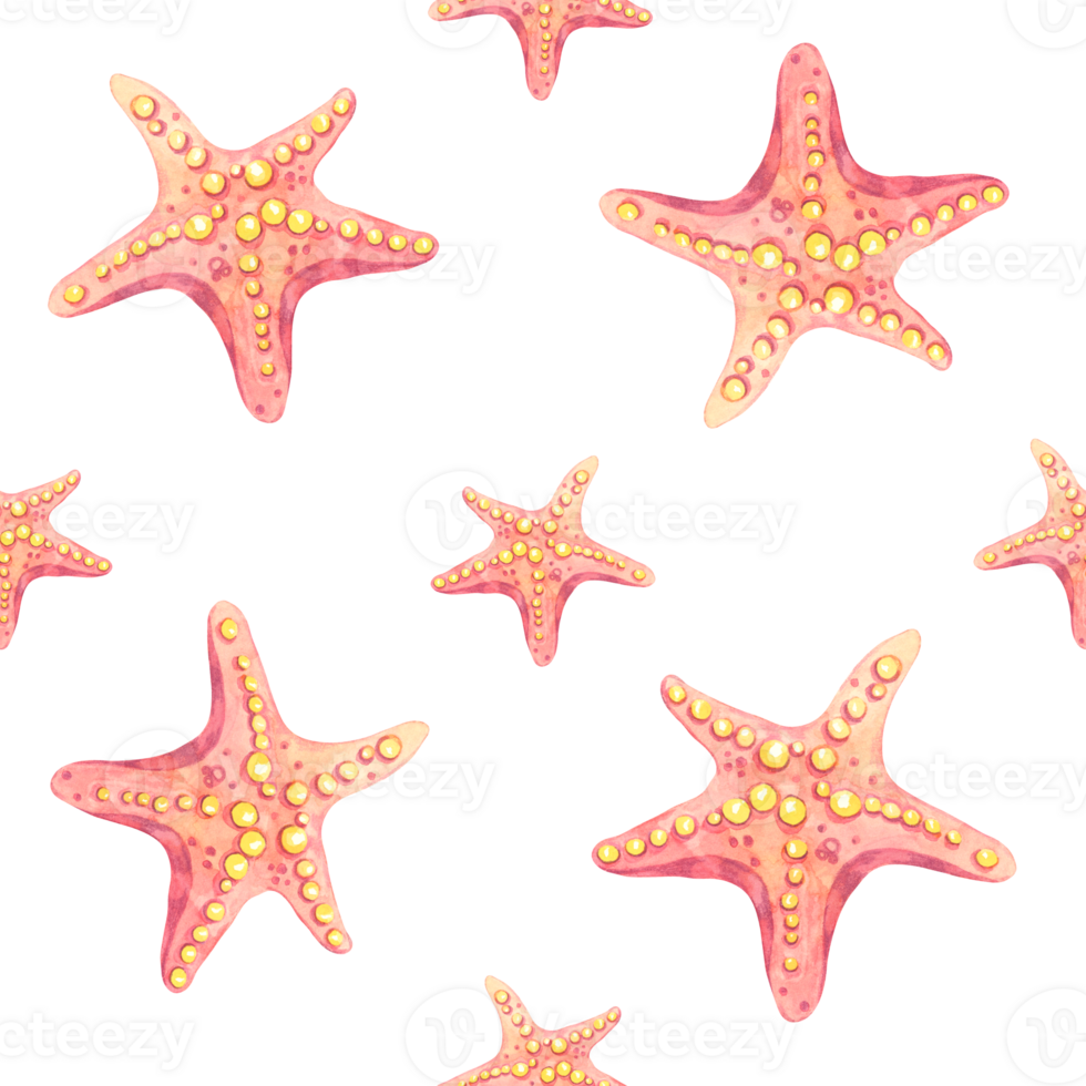 Large coral and peach watercolor starfish with fine textures in a clean seamless pattern. Perfect for summer beachwear, towels, curtains, or large-scale home textile applications. png