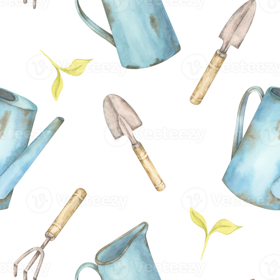 Watering cans, trowels, and small leaves in watercolor clipart set on seamless pattern layout. Gardening illustration great for decorative packaging, printable gift wrap, or garden-themed templates png