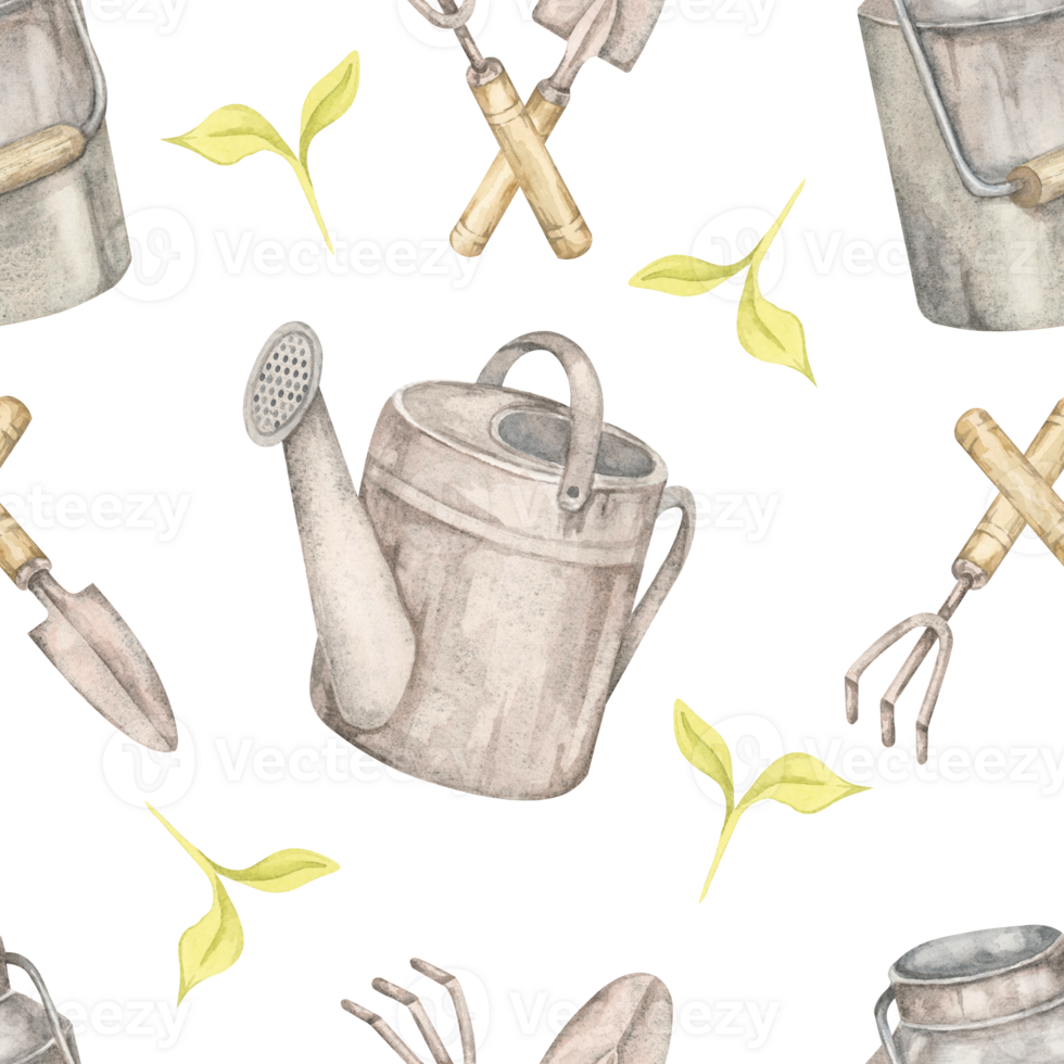 Pale green leaves, garden tools, and watering cans in watercolor clipart. Gardening elements seamless pattern illustration, great for digital planners, seed packet design, or greenhouse decor prints. png