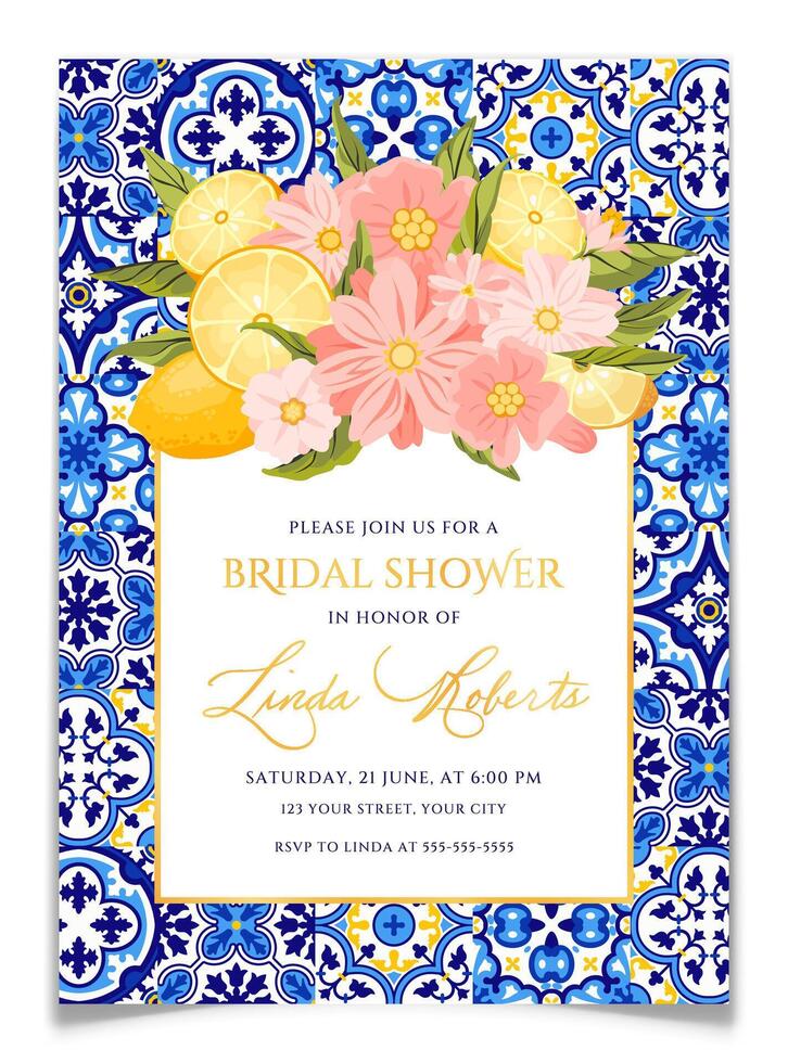 Blue Tiles, Lemons and Flowers Bridal Shower Card. vector