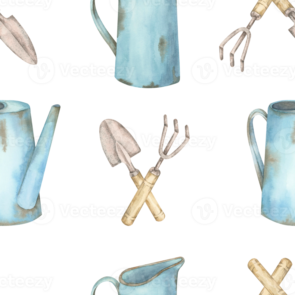 Blue watering jugs, hand tools, and fork in a watercolor clipart. Gardening seamless pattern layout perfect for herb seed kits, packaging, digital garden journals, or planner sticker sheets png
