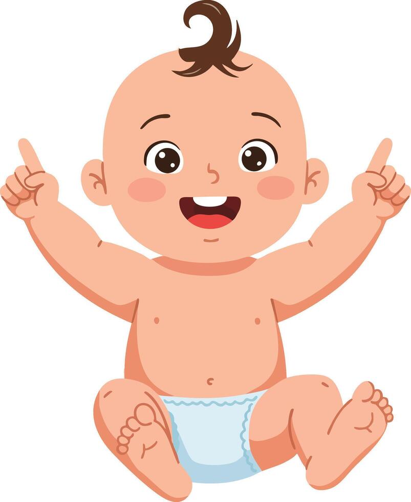 Happy baby boy sitting with raised hands smiling in diaper illustration cheerful toddler character vector