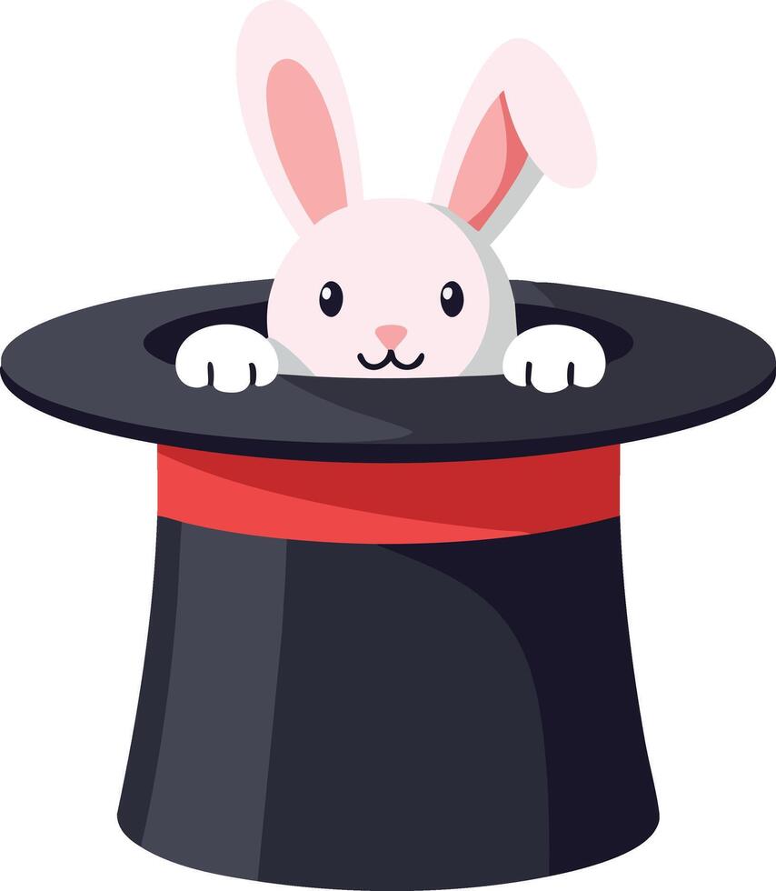 Cute white rabbit popping out of black magician hat with red band whimsical illusion magic trick illustration vector