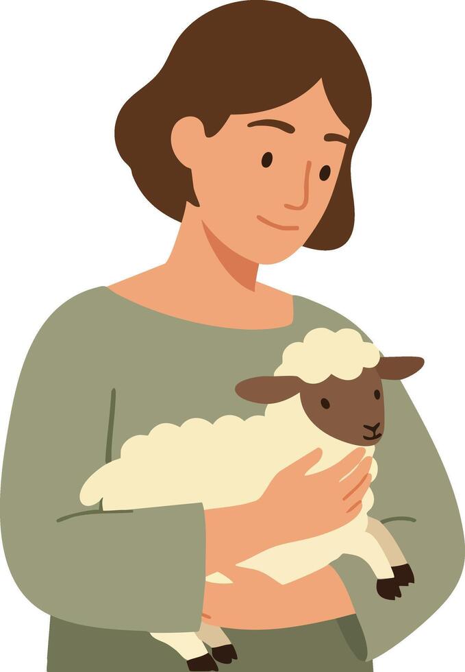 Woman holding a sheep gently in arms caring for farm animal tenderly and calmly natural scene illustration vector