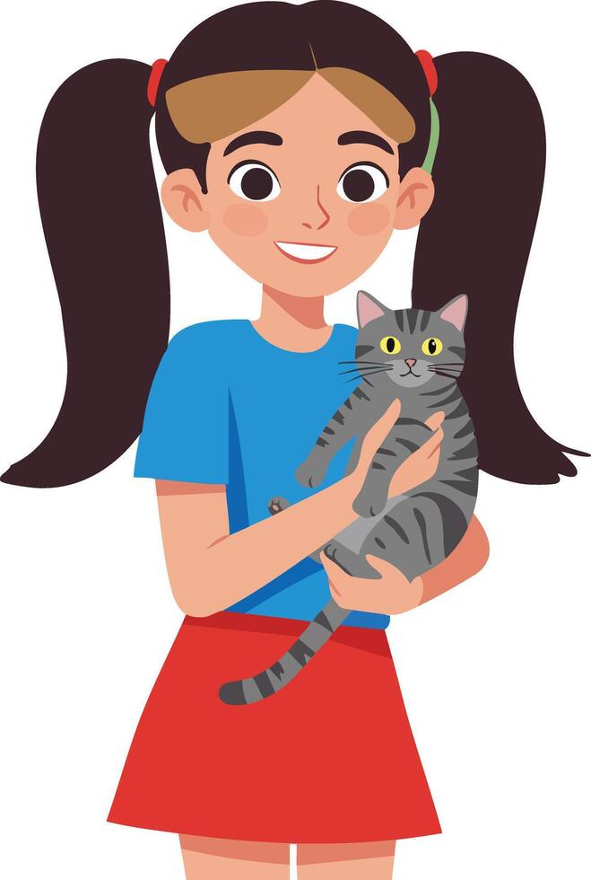 Girl holding gray tabby cat happy child with pigtails and casual clothing smiling illustration vector