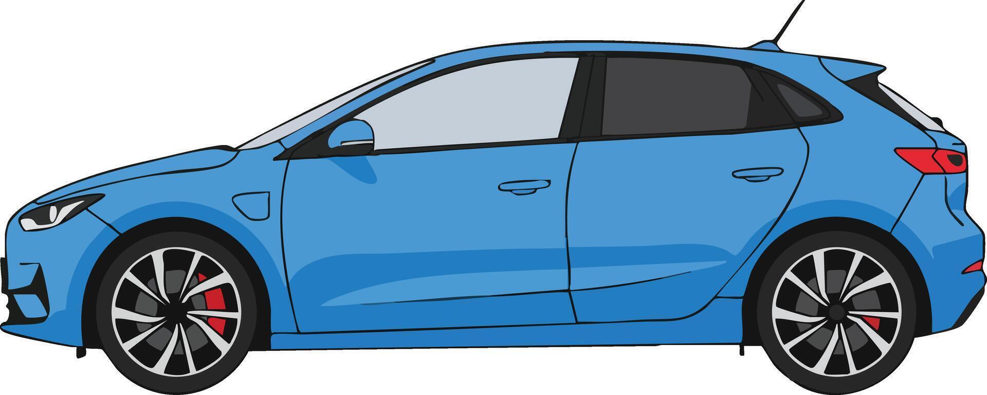 Blue hatchback car side view modern vehicle illustration with black window details and red brake calipers design vector