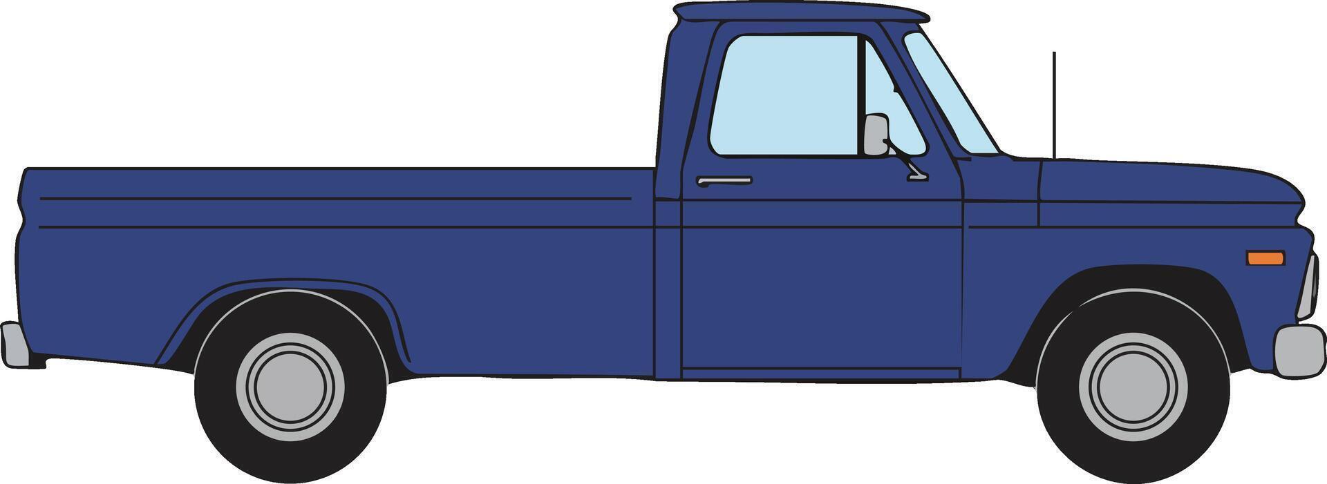 Blue vintage pickup truck side view illustration with classic design and simple details vector