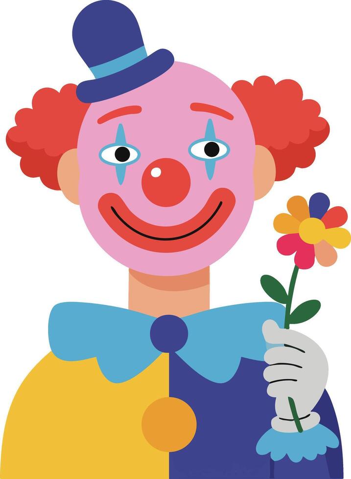 Colorful clown with red nose holding flower in hand wearing blue and yellow costume illustration vector