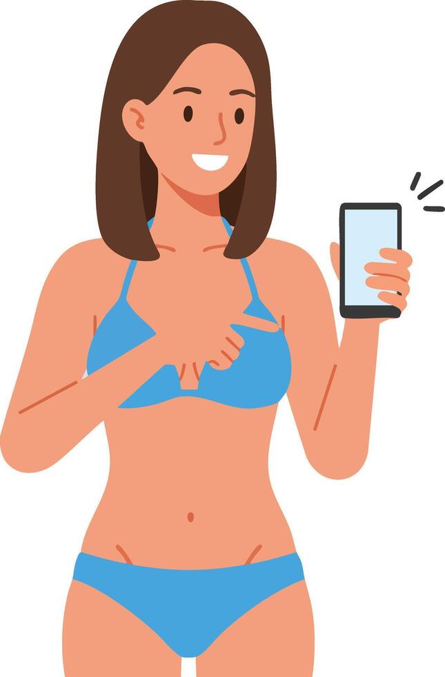 Woman in blue bikini holding smartphone smiling summer lifestyle technology illustration vector