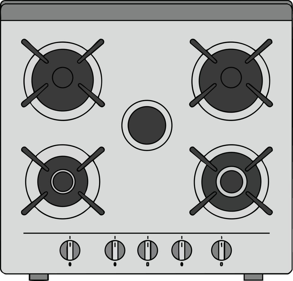 Gas stove top burner with four knobs illustration in simple style for kitchen appliance design vector