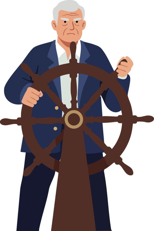 Elderly man steering ship wheel nautical captain illustration in navy blue suit and white hair vector