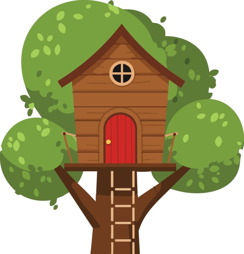 Treehouse with red door and wooden ladder surrounded by green leafy trees illustration vector