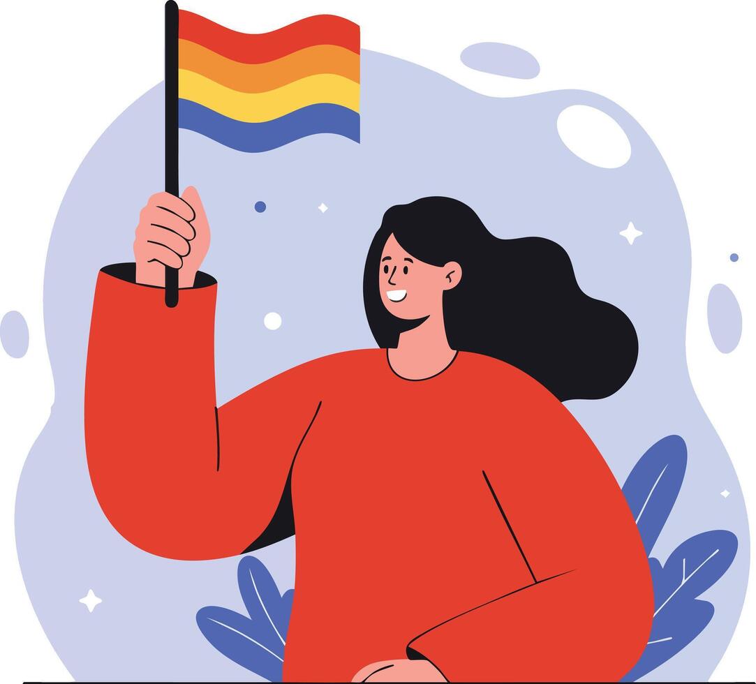 Woman holding a red and yellow striped flag with blue stripe illustration in casual style vector