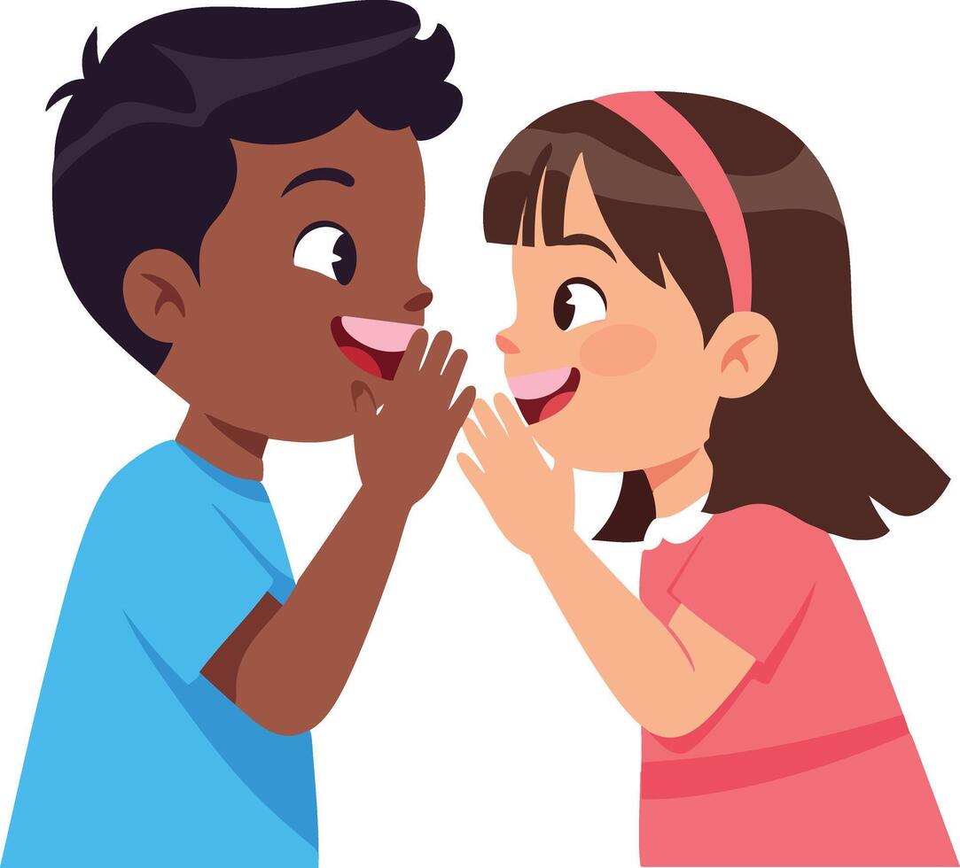 Children whispering secrets to each other in playful interaction illustration vector