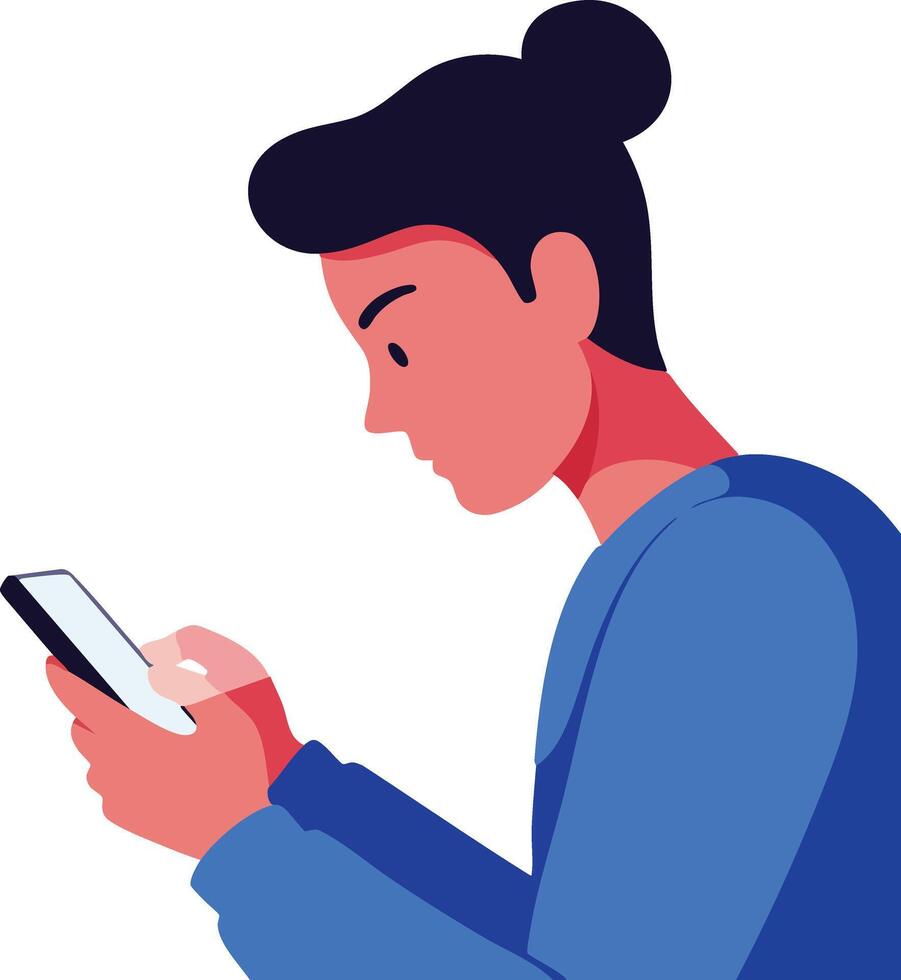 Young woman using smartphone wearing blue top digital communication technology illustration vector
