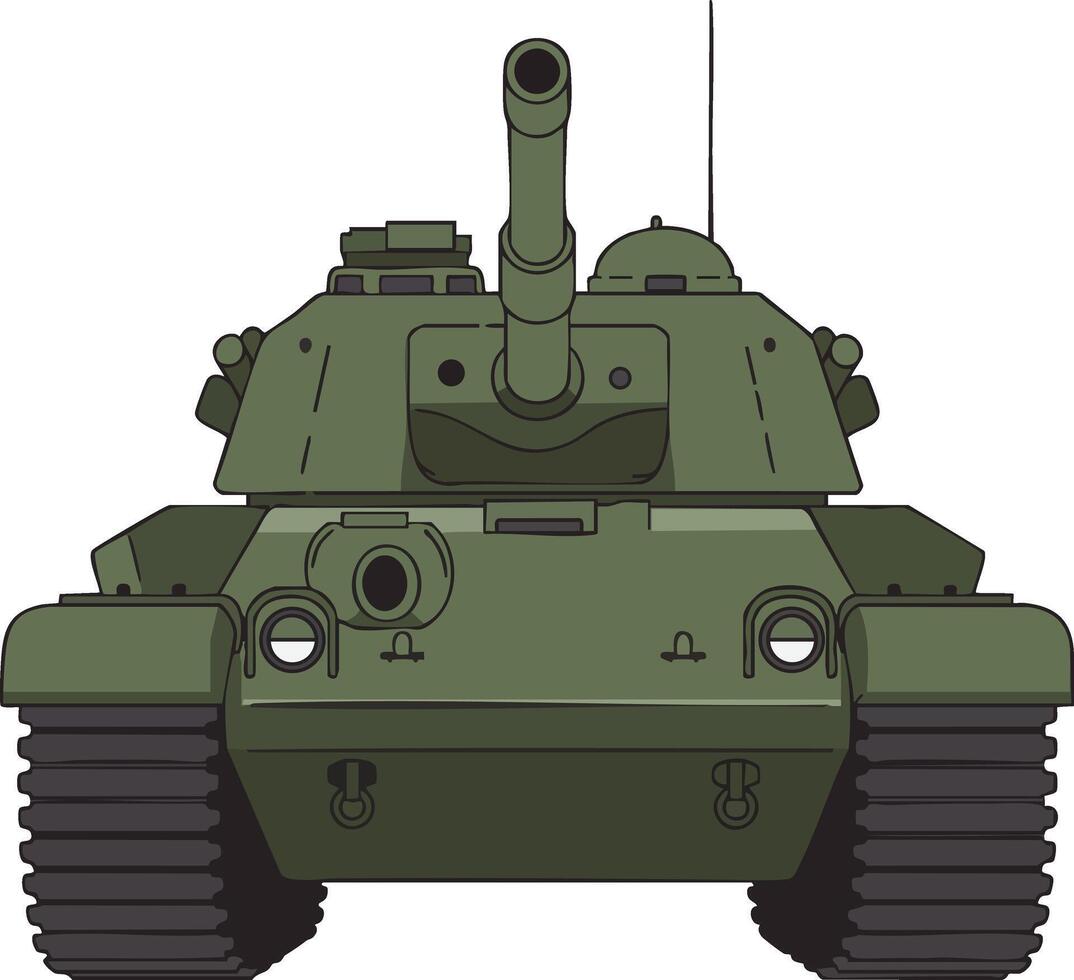 Military tank front view illustration in olive green with large cannon and heavy treads design vector
