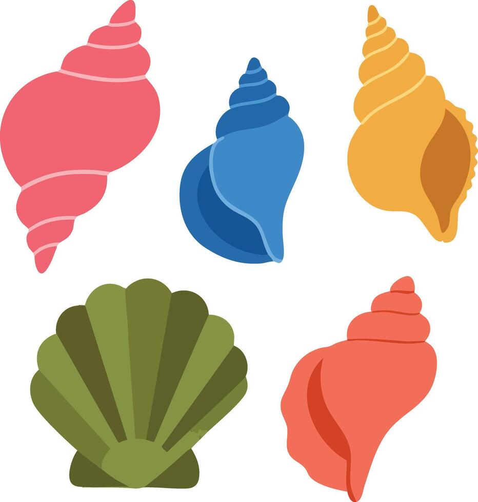 Colorful seashell collection illustration with pink blue yellow green shades for beach and marine themes vector