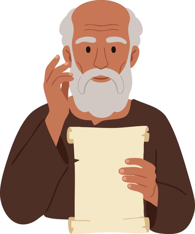 Elderly man with white beard reading ancient scroll holding parchment paper illustration vector