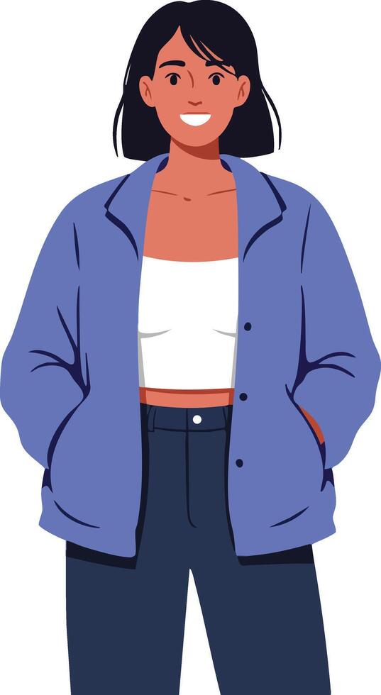 Young woman wearing blue jacket and white crop top standing with hands in pockets smiling vector