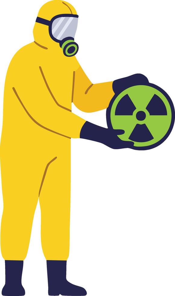 Person in yellow hazmat suit holding radioactive waste symbol for hazardous material handling illustration vector