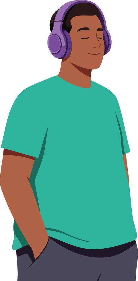 Young man wearing purple headphones listening to music with eyes closed and hands in pockets illustration vector