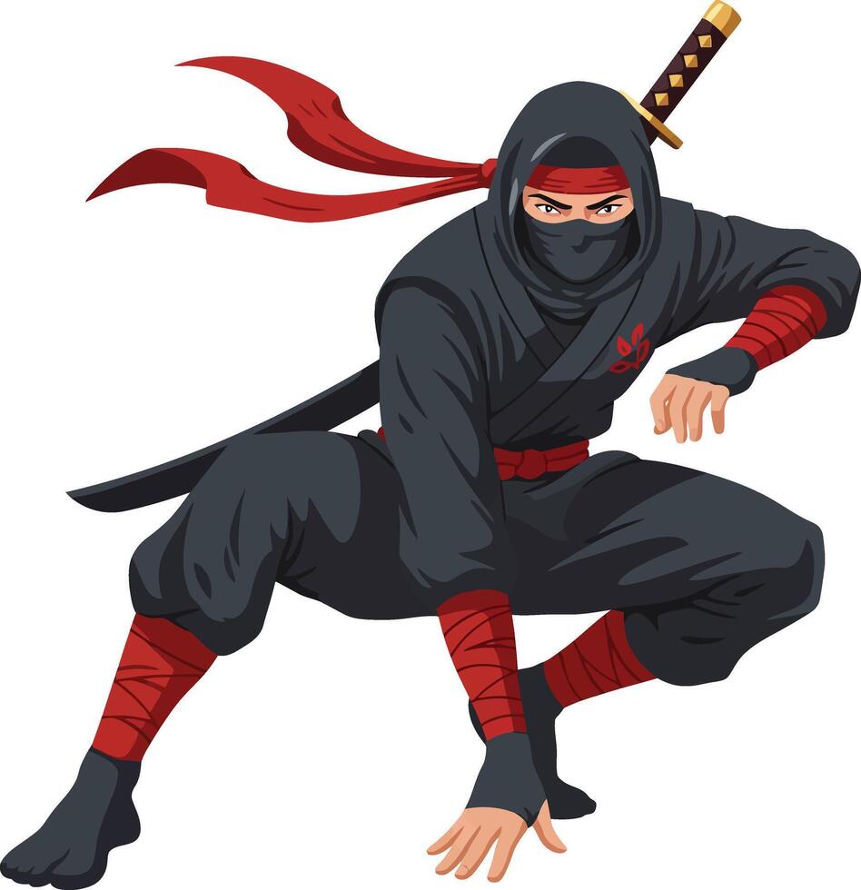 Ninja warrior in black outfit with red scarf and katana sword in action pose illustration vector