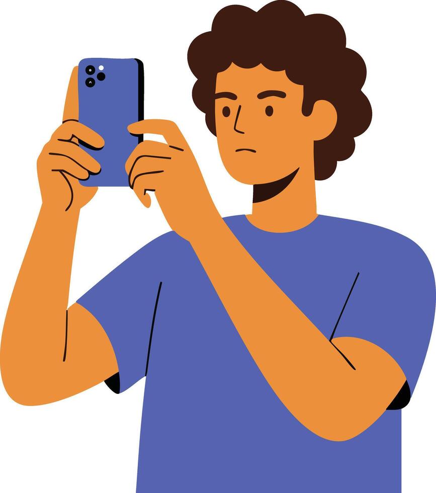 Young man taking photo with smartphone wearing blue shirt and curly hair illustration vector