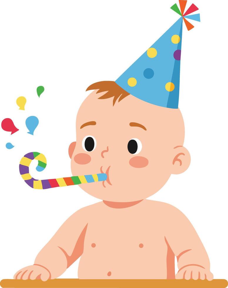 Baby boy wearing colorful party hat celebrating birthday with party blower and confetti illustration vector