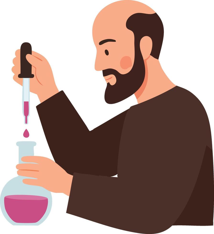 Scientist conducting chemical experiment with dropper and flask in laboratory illustration vector